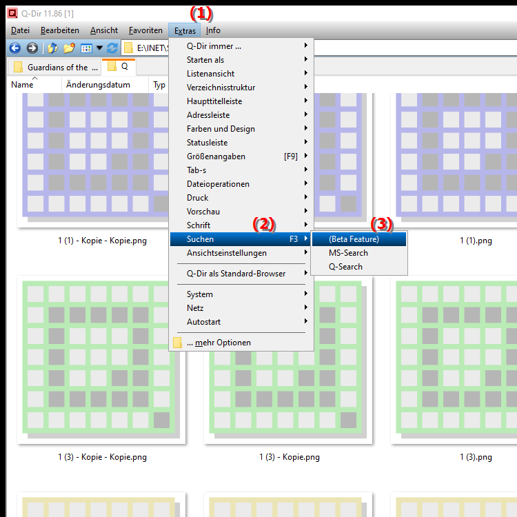 Wie kann ich die Beta Suchfunktion im Quad Datei Explorer nutzen